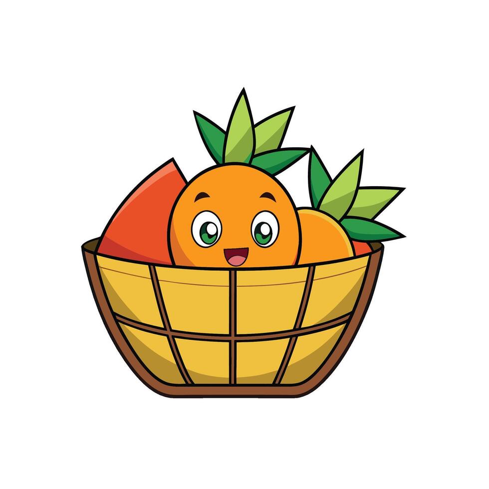 Cheerful cartoon fruit basket with animated oranges and watermelon vector