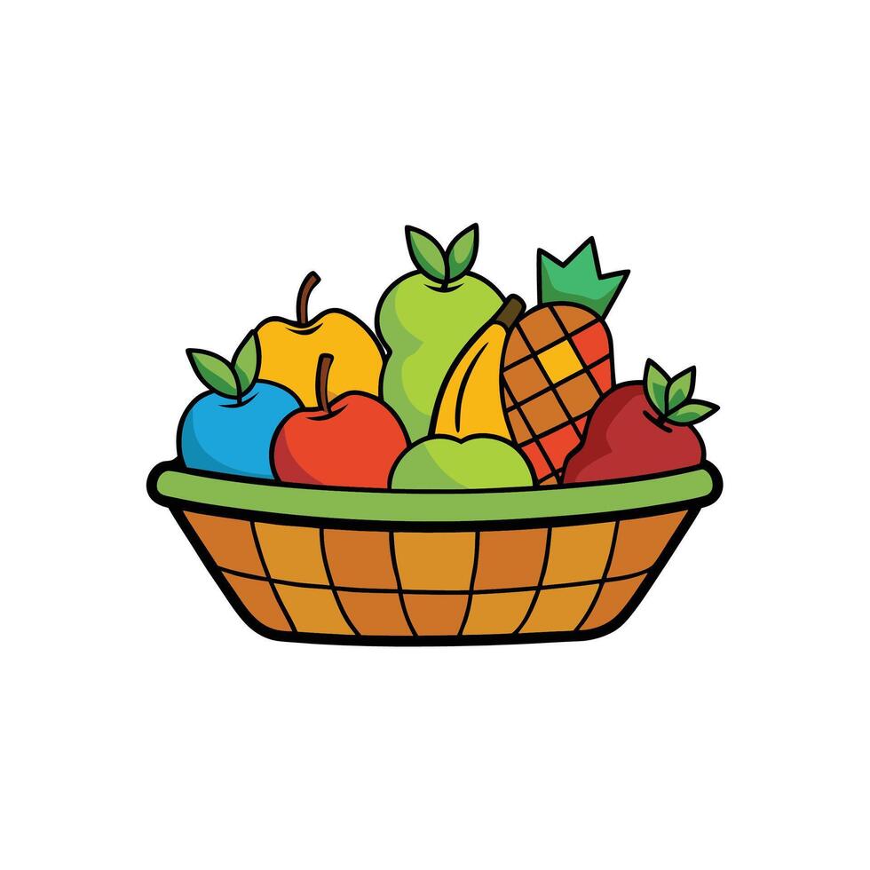 Cartoon fruit basket filled with apples, banana, pineapple vector