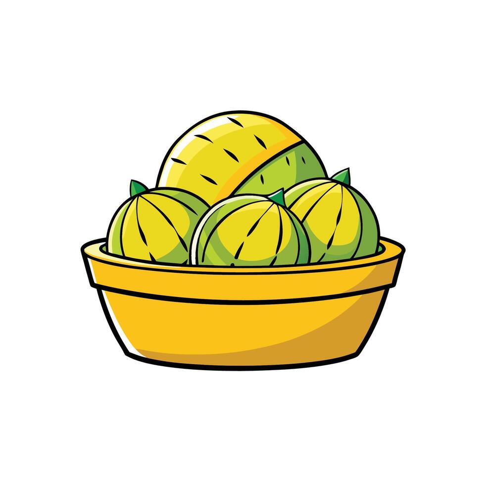 Bowl of fresh melon slices, cartoon illustration style vector