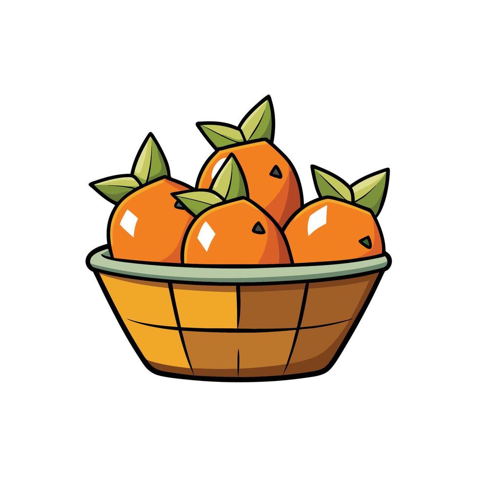 Basket of fresh oranges with green leaves cartoon style vector