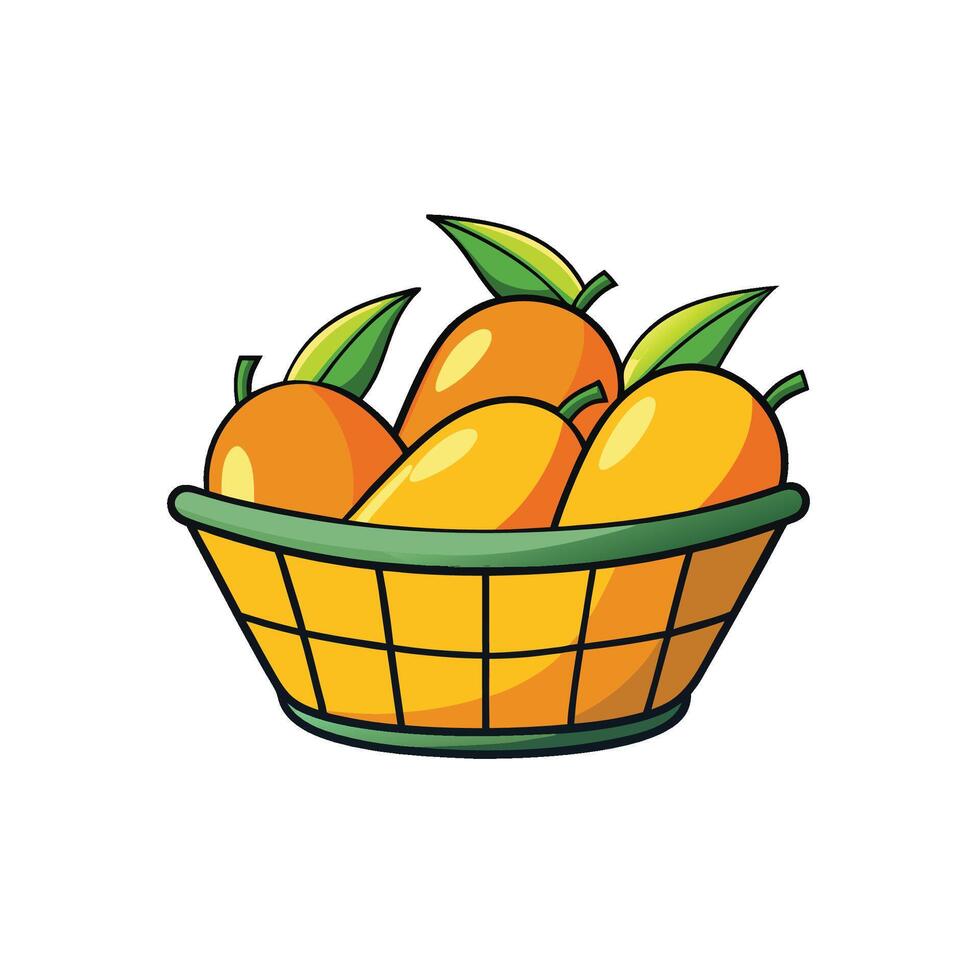 Cartoon basket overflowing with juicy orange ripe mangoes vector