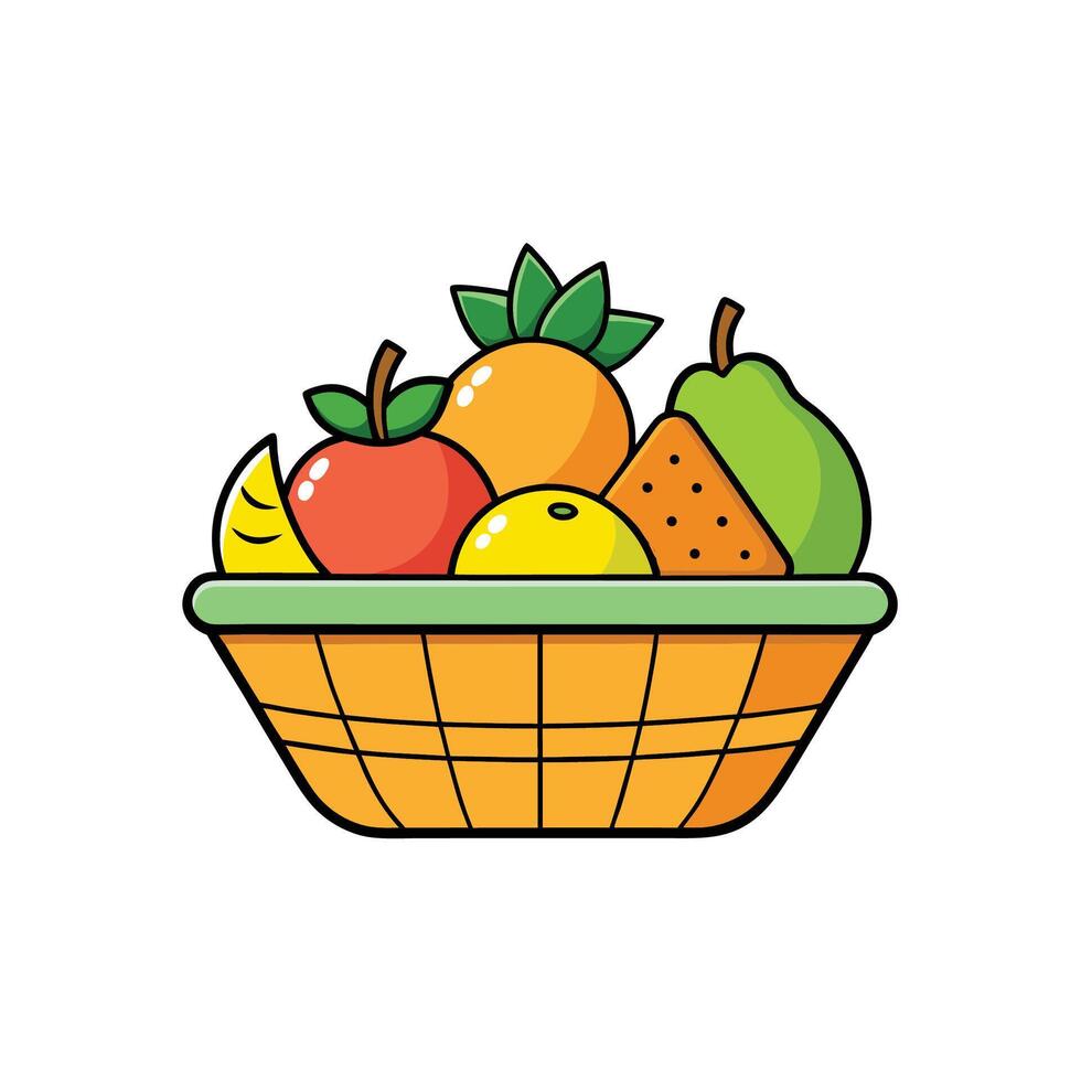 Cartoon fruit basket containing assorted tropical and fresh fruits vector