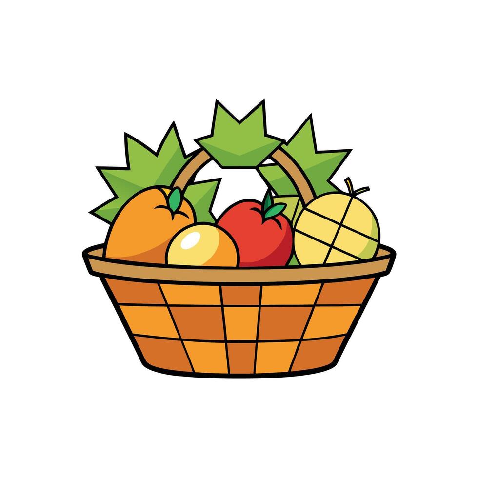 Cartoon style basket overflowing with fruit illustration image vector