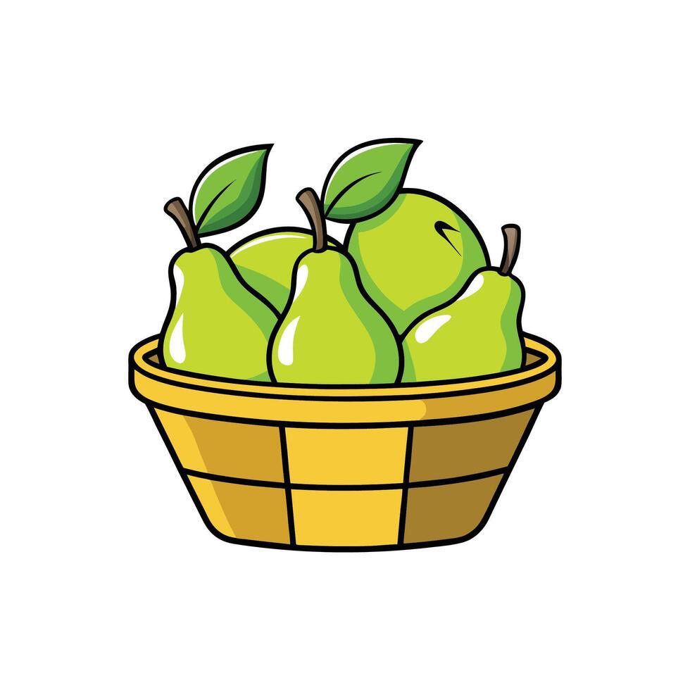 Basket full of fresh green pears and leaves vector