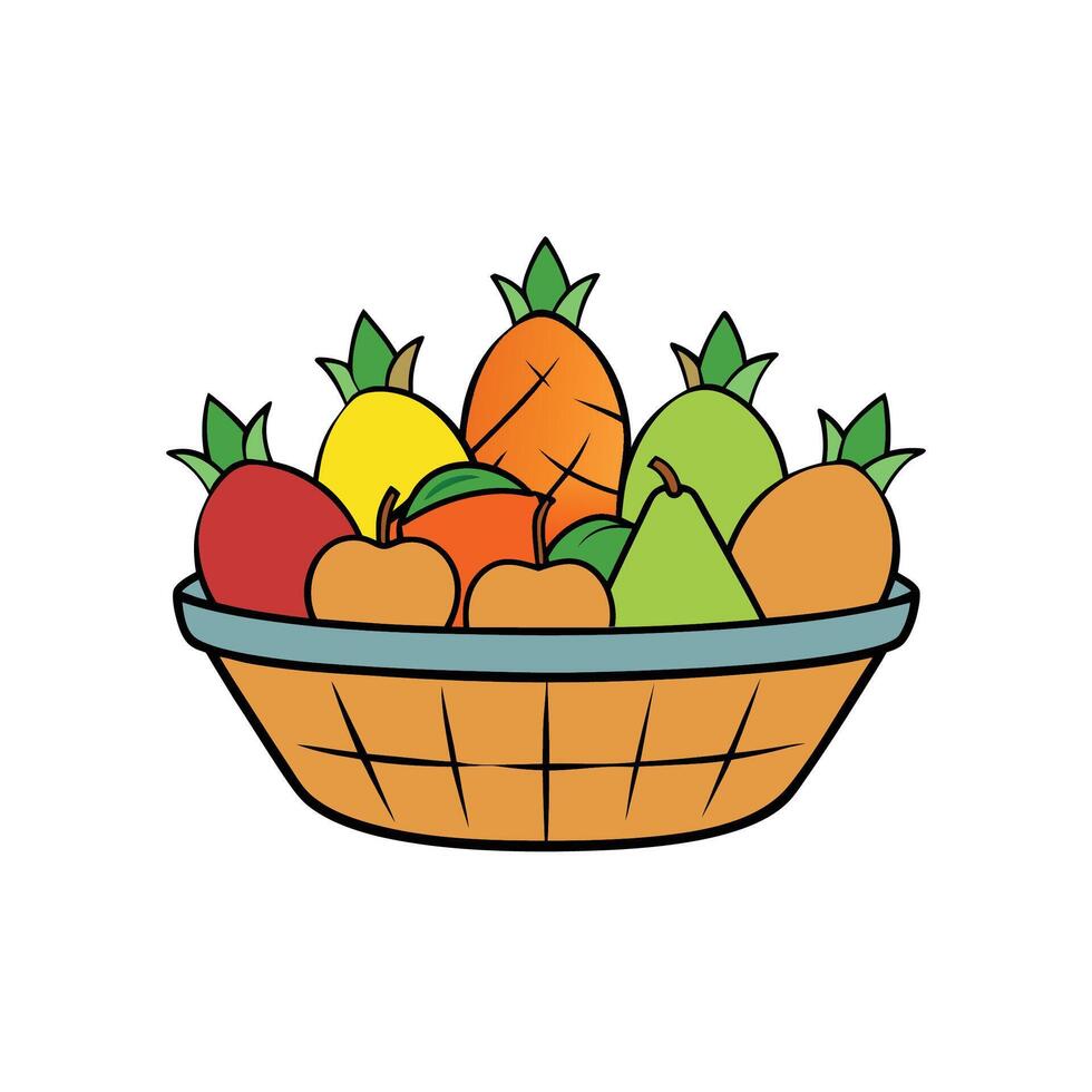 Cartoonstyle basket brimming with assorted fresh and vibrant fruits vector