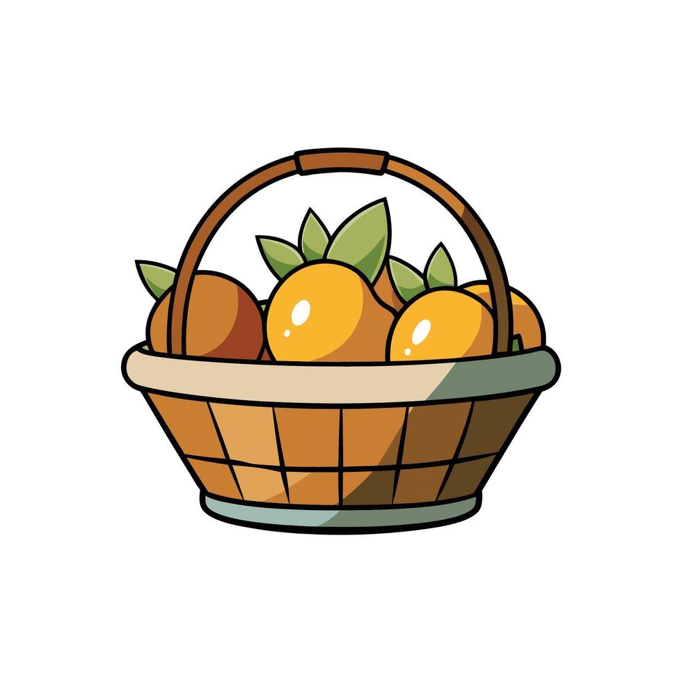 Cartoon basket full of oranges with green leaves. vector