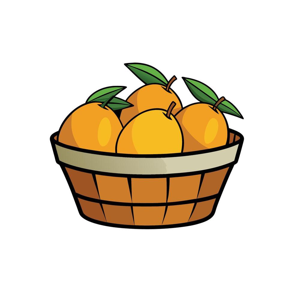 Cartoon style basket of fresh oranges with green leaves vector