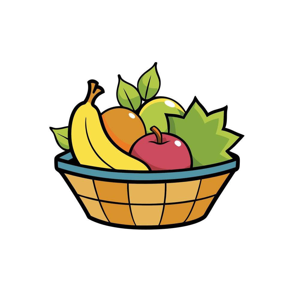 Cartoon fruit basket with banana, apple, leaves, and mango vector