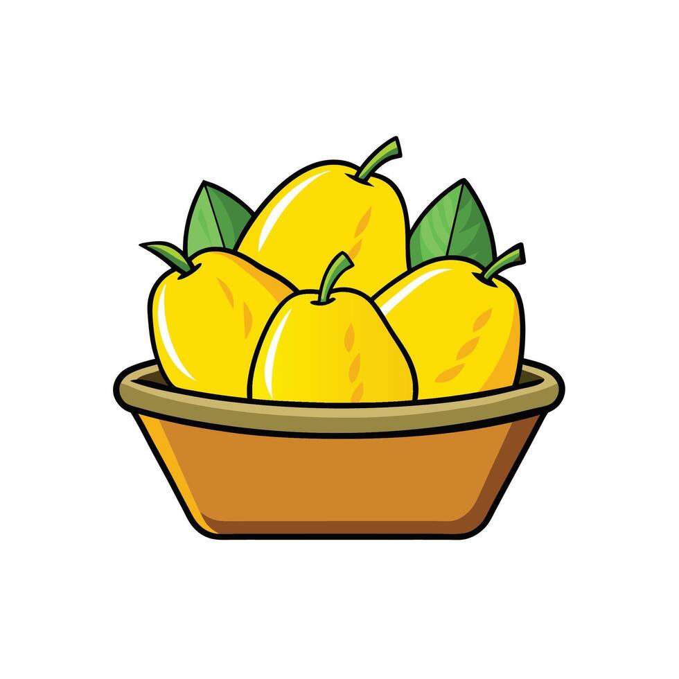 Golden pears in a bowl with green leaves illustration vector