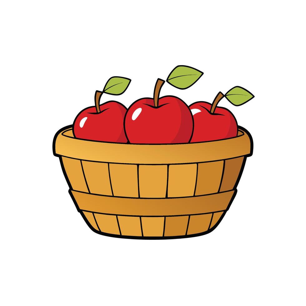 Basket full of fresh red apples with green leaves vector