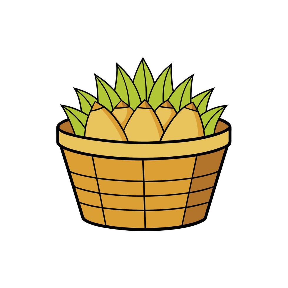 Basket of Root Vegetables with Leafy Green Tops vector