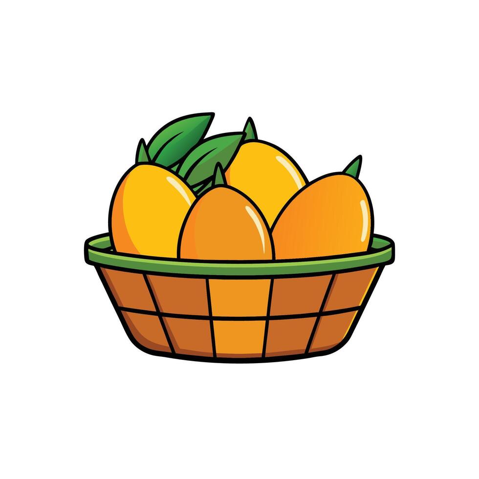 Basket of fresh mangoes with leaves cartoon style vector