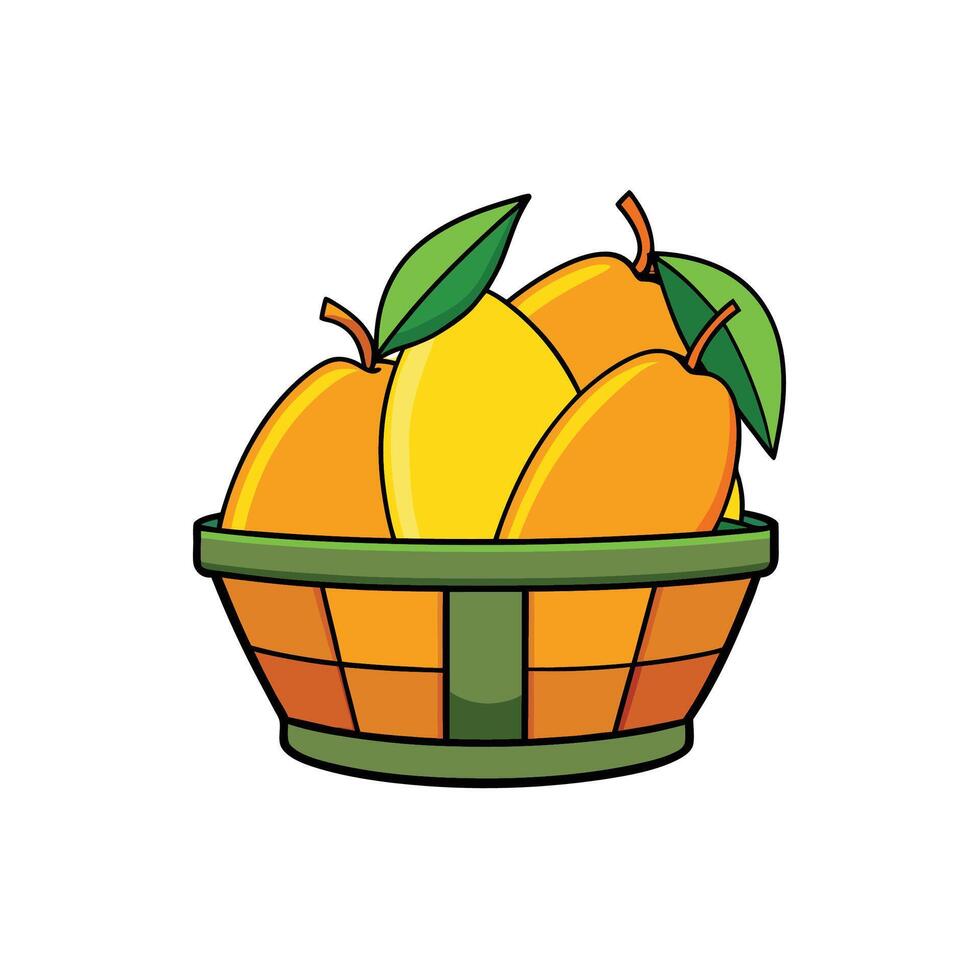 Cheerful fruit basket filled with ripe mangoes and leaves vector