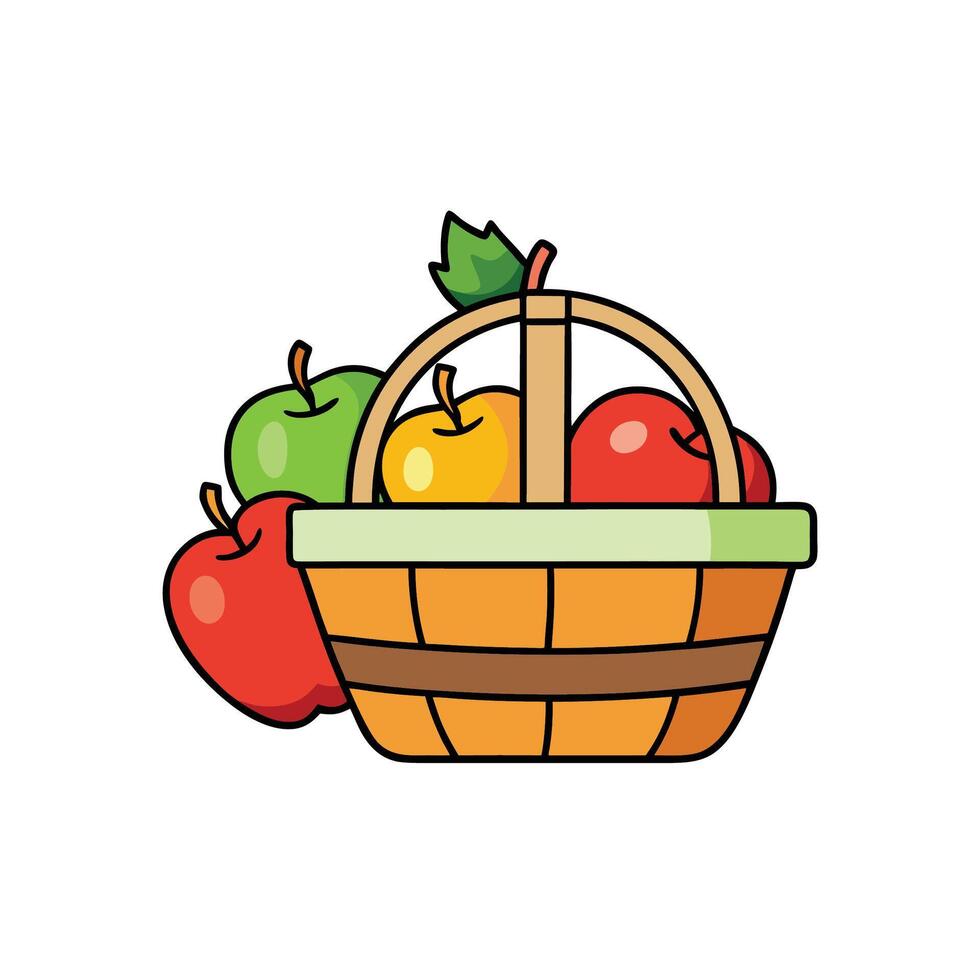 Basket full of colorful apples illustration with bold outlines vector