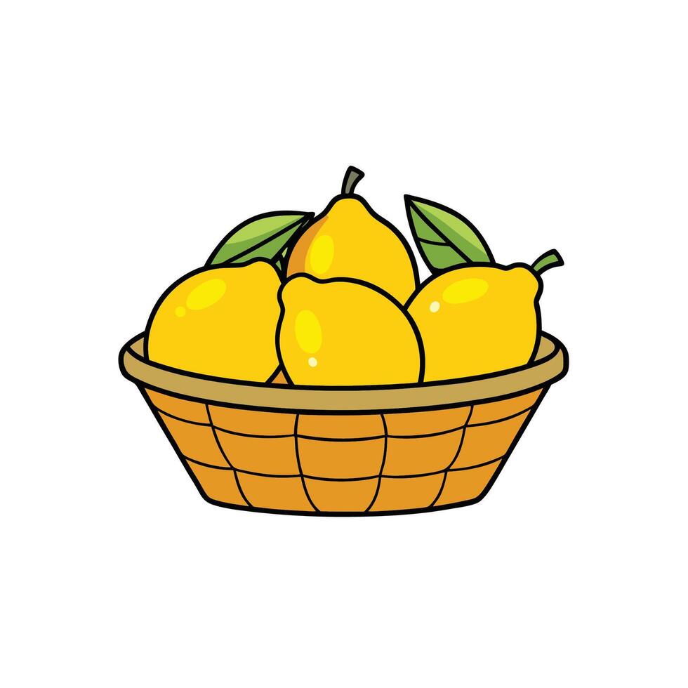Yellow lemons in wicker basket with leaves illustration vector