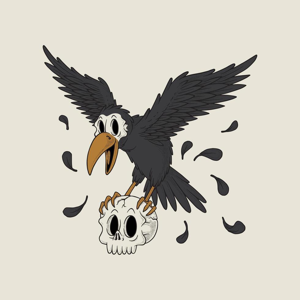 retro cartoon emblem of flying skull faced crow vector