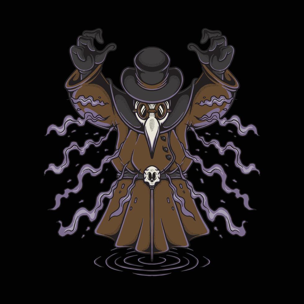 Retro Plague Doctor Mascot with Dark Magical Aura vector