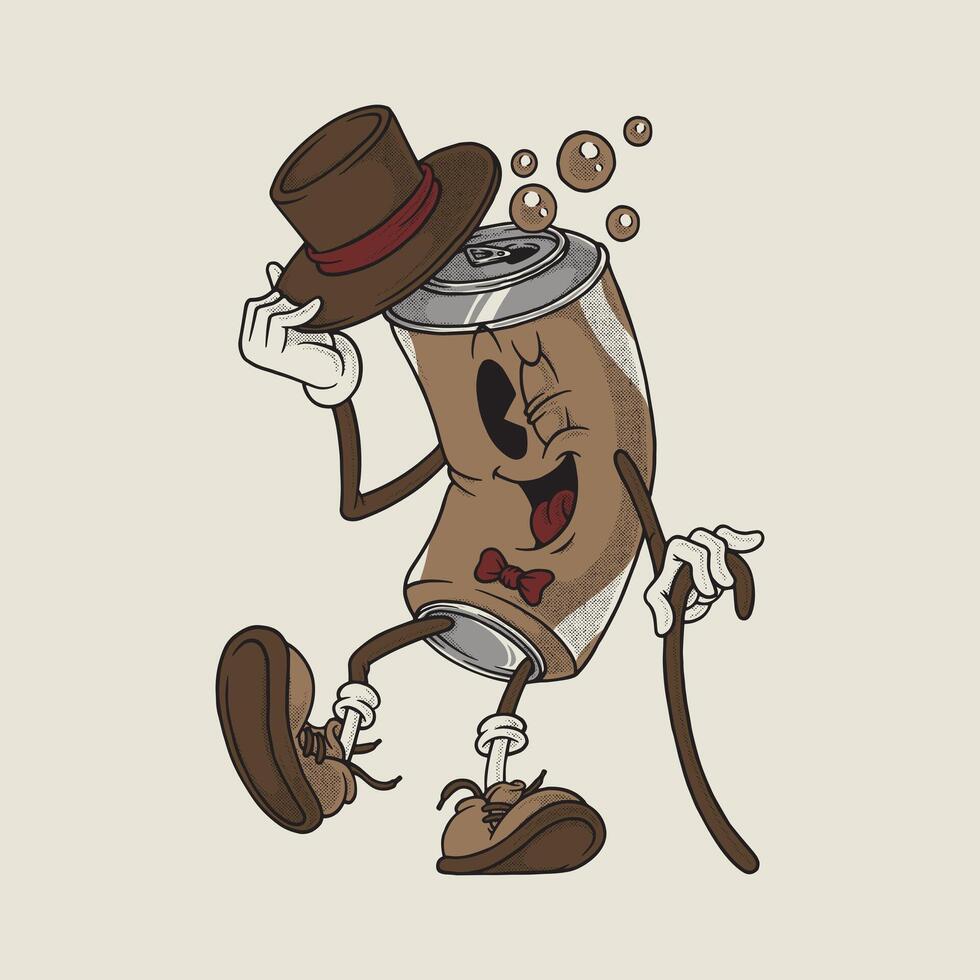 Retro Cartoon Soda Can Mascot with Fancy Pose and Top Hat vector
