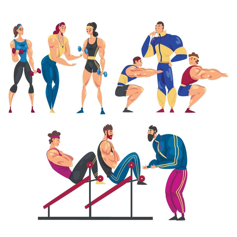 People Training in Gym Set, Men and Women Doing Physical Workout with Their Personal Trainers, Healthy Lifestyle Concept Cartoon Style Illustration vector
