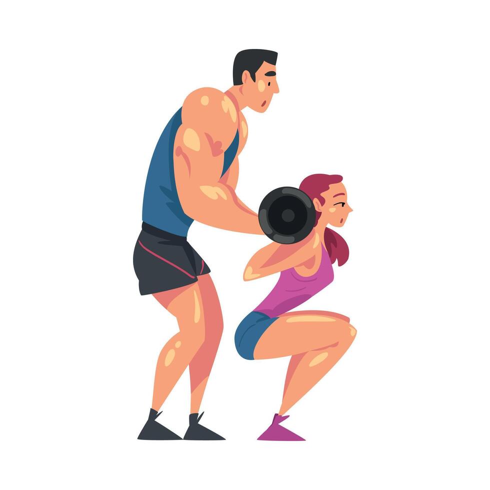 Girl Exercising with Barbell, Personal Male Trainer Instructor Character Helping Her, Physical Workout in Gym Style Illustration vector
