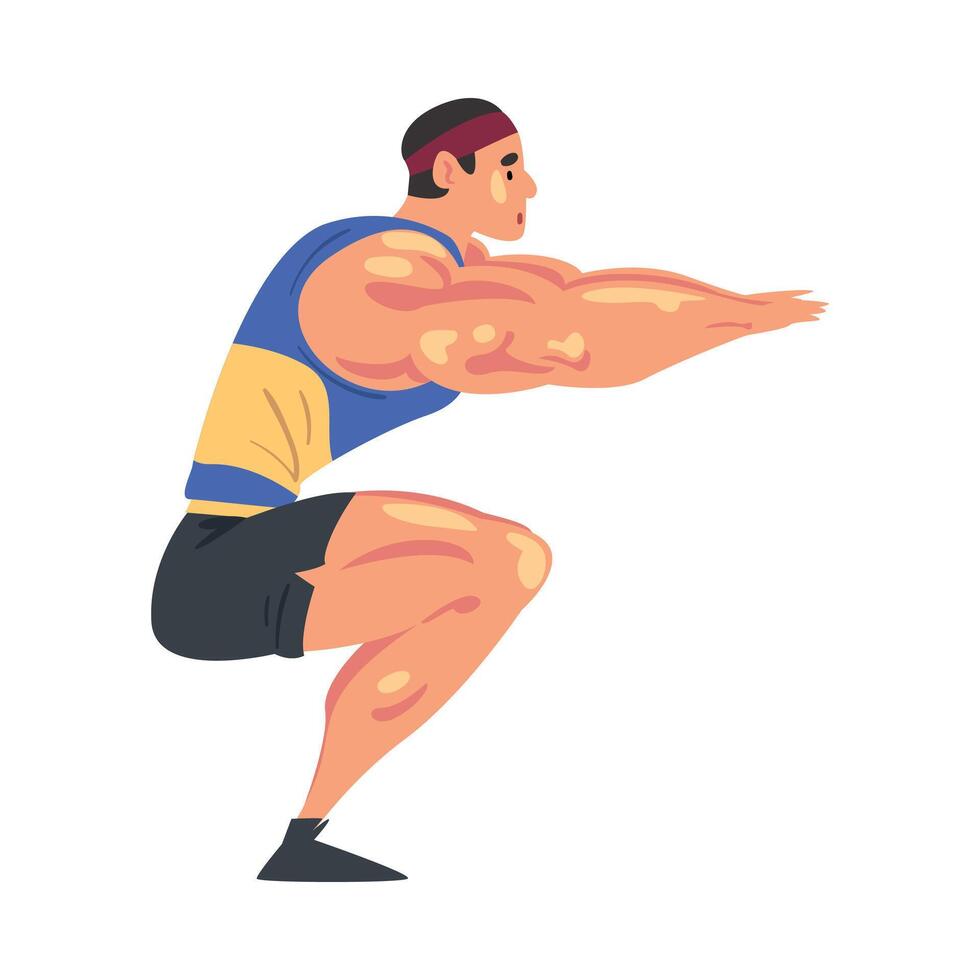 Sportive Muscular Man Doing Squats, Physical Workout in Gym or Home, Healthy Lifestyle Cartoon Style Illustration vector