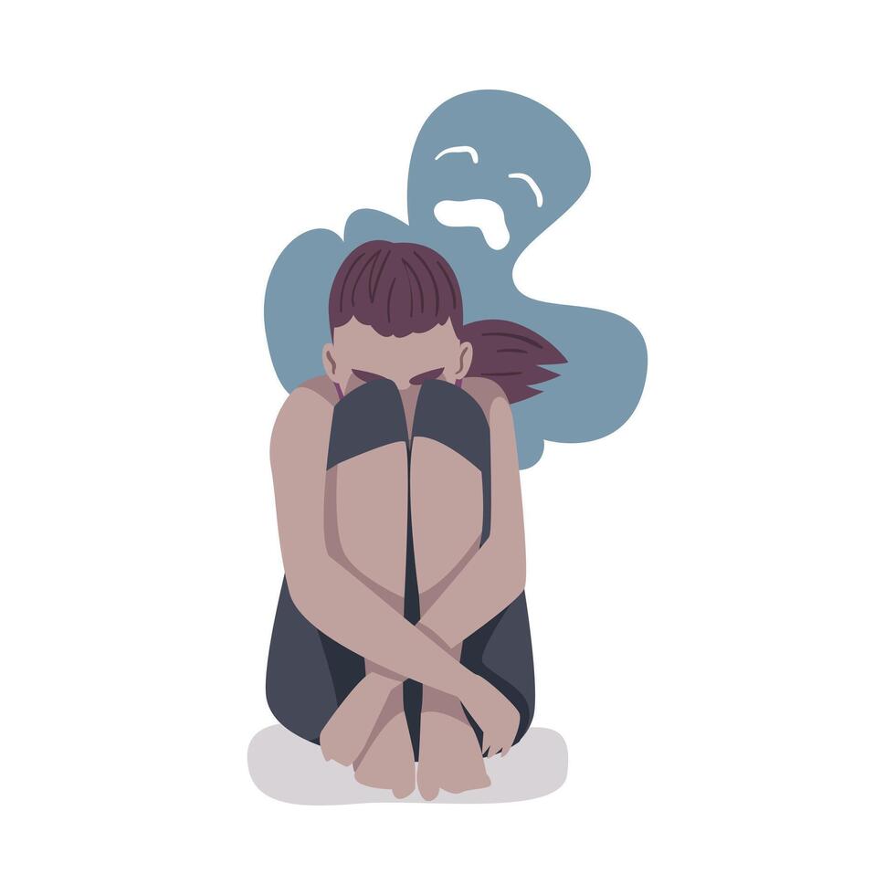 Depressed Girl Sitting on Floor Hugging Her Knees, Person Haunted by Ghost, Mental Health Problems, Psychological Disorder Concept Cartoon Style Illustration vector