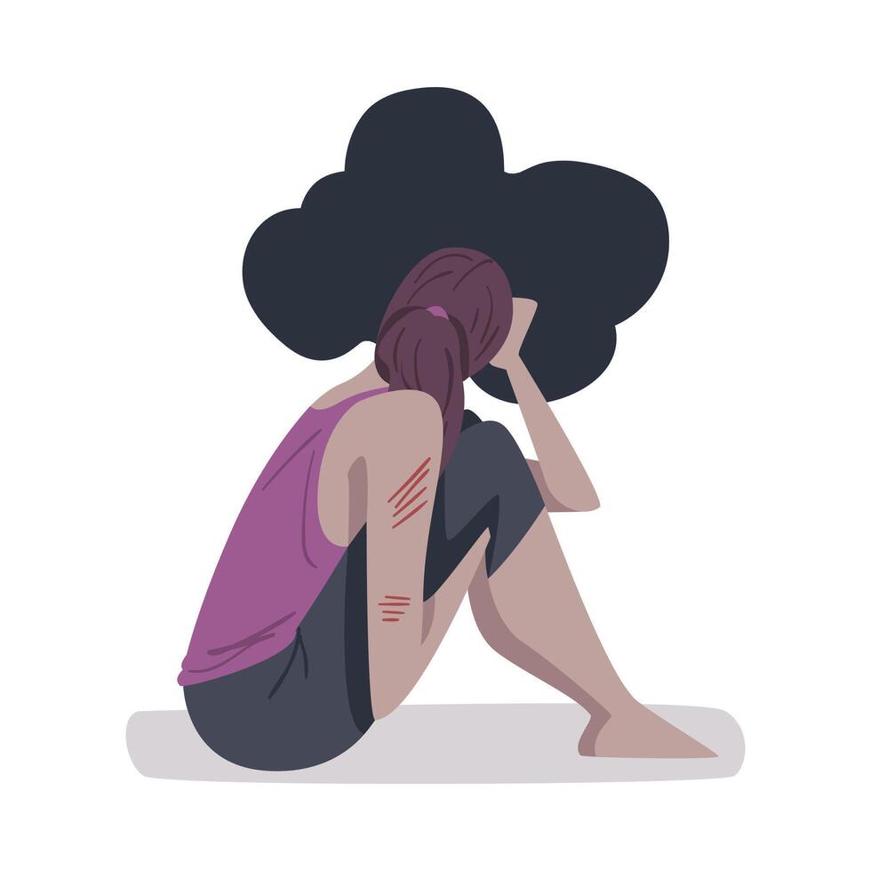 Depressed Girl Sitting on Floor with Black Cloud around her Head, Person Haunted by Ghost, Mental Health Problems, Psychological Disorder Concept Cartoon Style Illustration vector