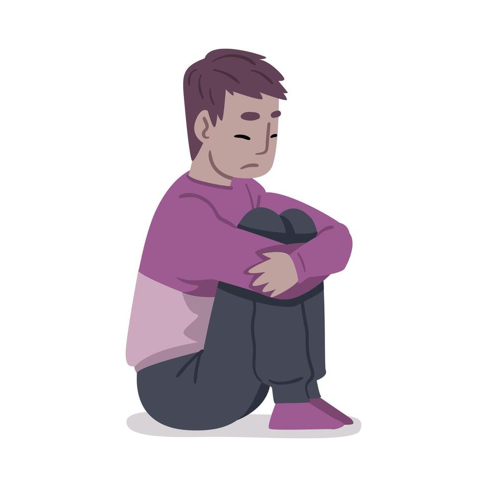 Depressed Guy Sitting on Floor Hugging His Knees, Mental Health Problems, Psychological Disorder Concept Cartoon Style Illustration vector
