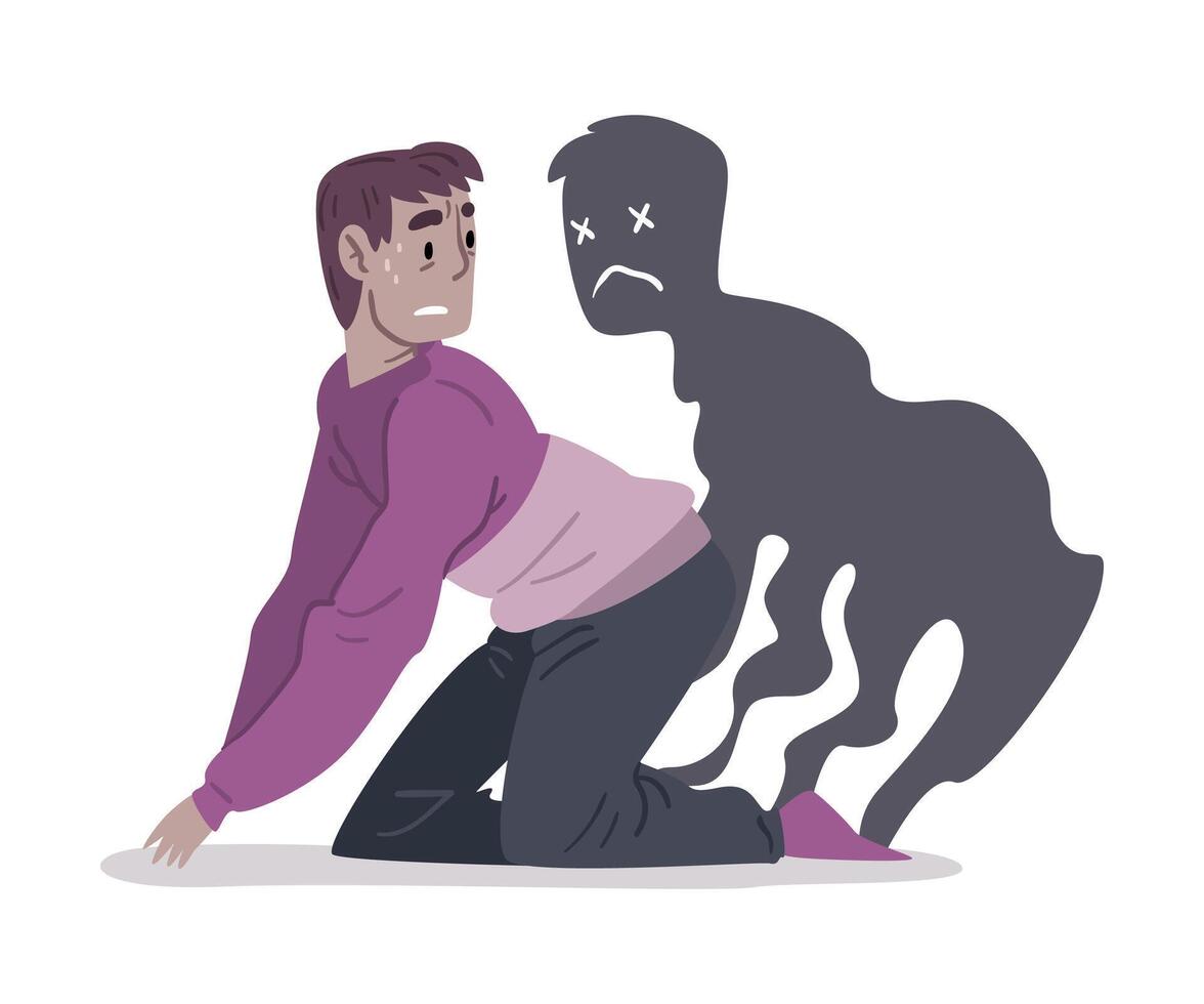 Depressed Guy Sitting on Floor Haunted by Ghost Twin. Mental Health Problems, Psychological Disorder Concept Cartoon Style Illustration vector
