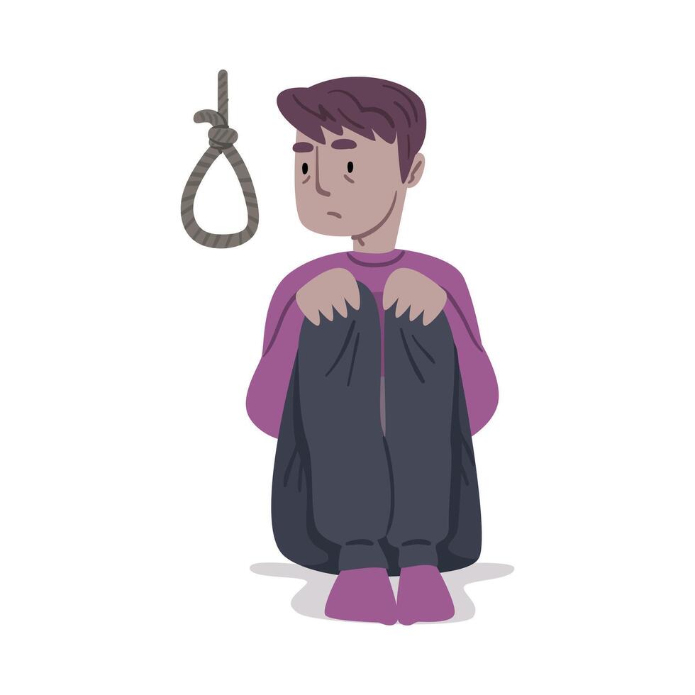 Desperate Guy Thinking of Suicide, Boy Having Negative Thoughts for Killing Himself, Mental Health Problems Cartoon Style Illustration vector