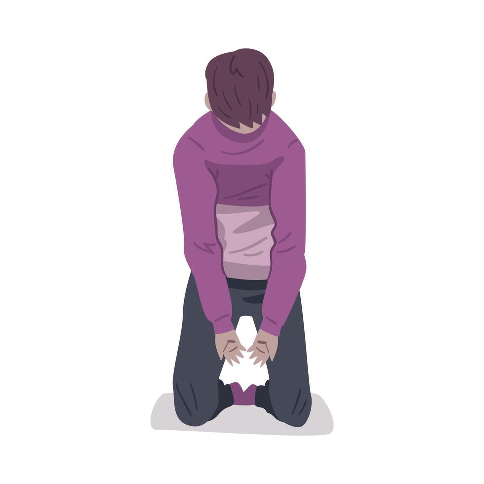 Depressed Boy Sitting on Floor, Guy Naving Mental Health Problems, Psychological Disorder Concept Cartoon Style Illustration vector