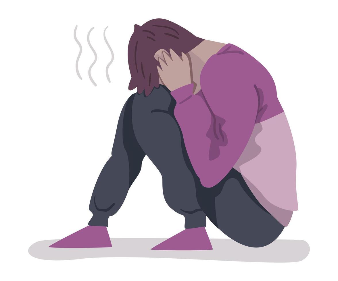 Depressed Boy Sitting on Floor, Mental Health Problems, Psychological Disorder Concept Cartoon Style Illustration vector
