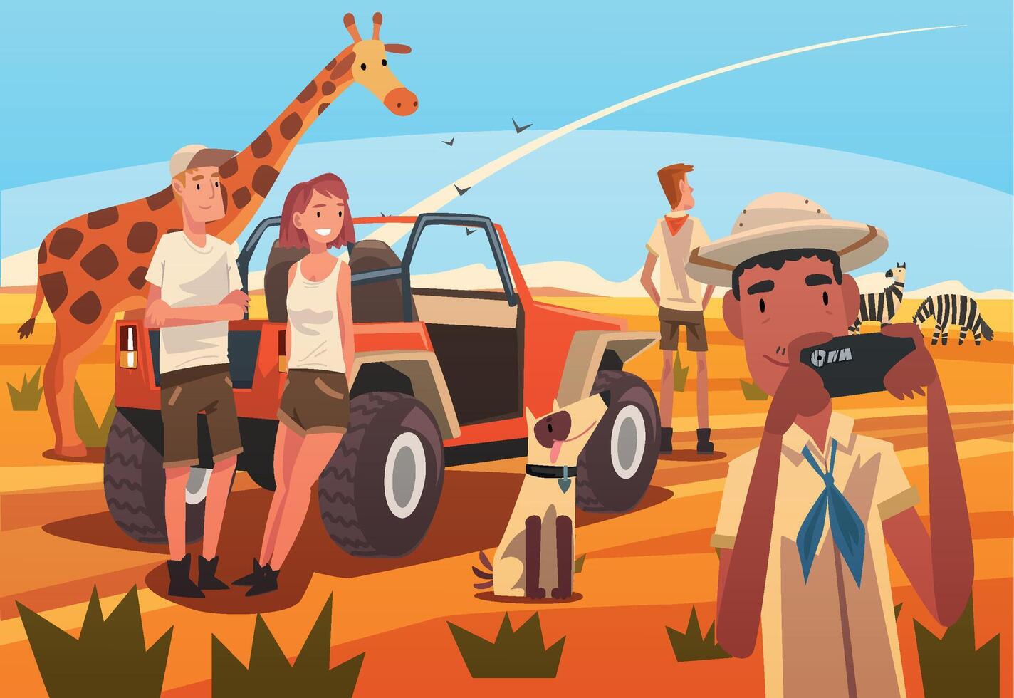 African Safari Travel, Tourists Watching and Taking Photos of Savanna Wildlife Illustration vector