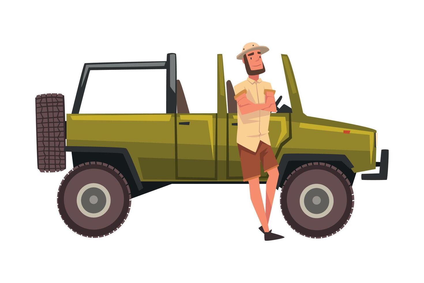 Male Traveller Standing in front of Jeep Car SUV, African Safari Travel, Tourist Girl Exploring Fauna of Savanna Cartoon Illustration vector