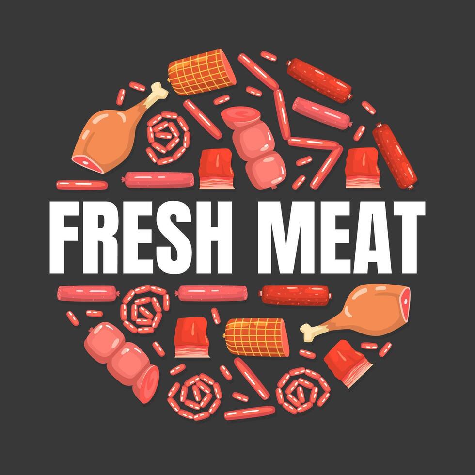 Fresh Meat Banner Template, Meat Delicatessen and Butchery Products Pattern of Round Shape Illustration vector