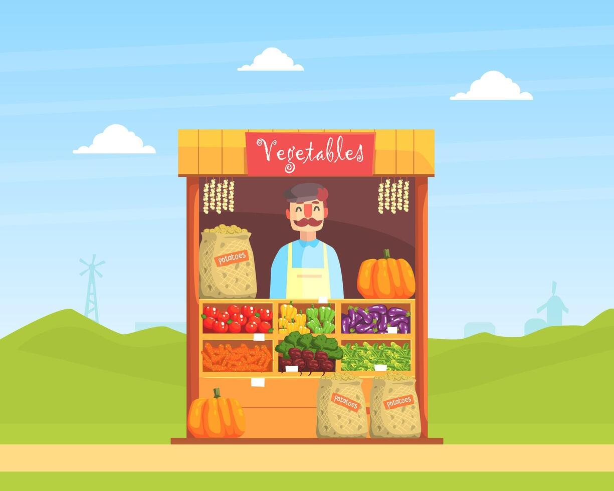 Vegetable Local Farmer Market with Fresh Natural Organic Products on Counter, Street Shop, Male Seller Selling Fresh Vegetables Illustration vector