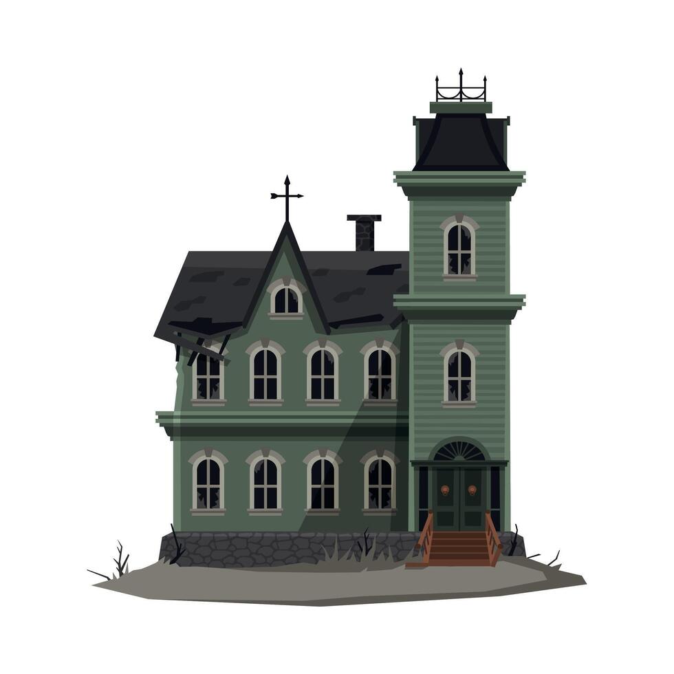 Scary Gothic House, Halloween Haunted Mansion with Cross on Top of Roof Illustration vector