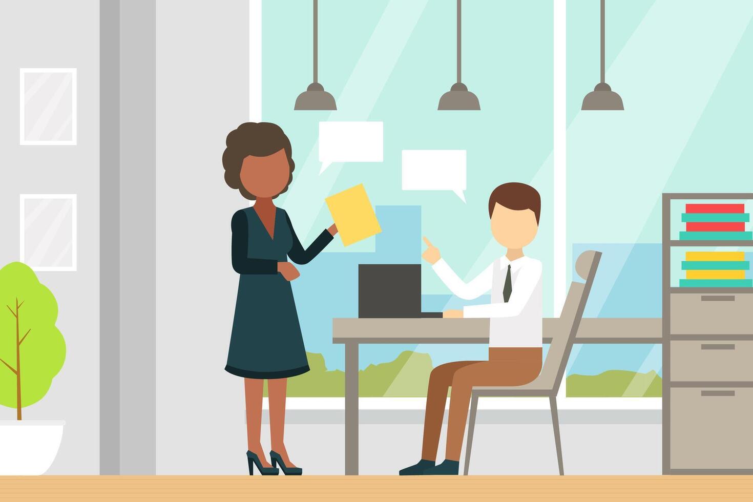 People Communicating and Working Together in Office, Young Man Sitting at Desk with Computer and his Female Colleague Talking to Him Illustration. vector