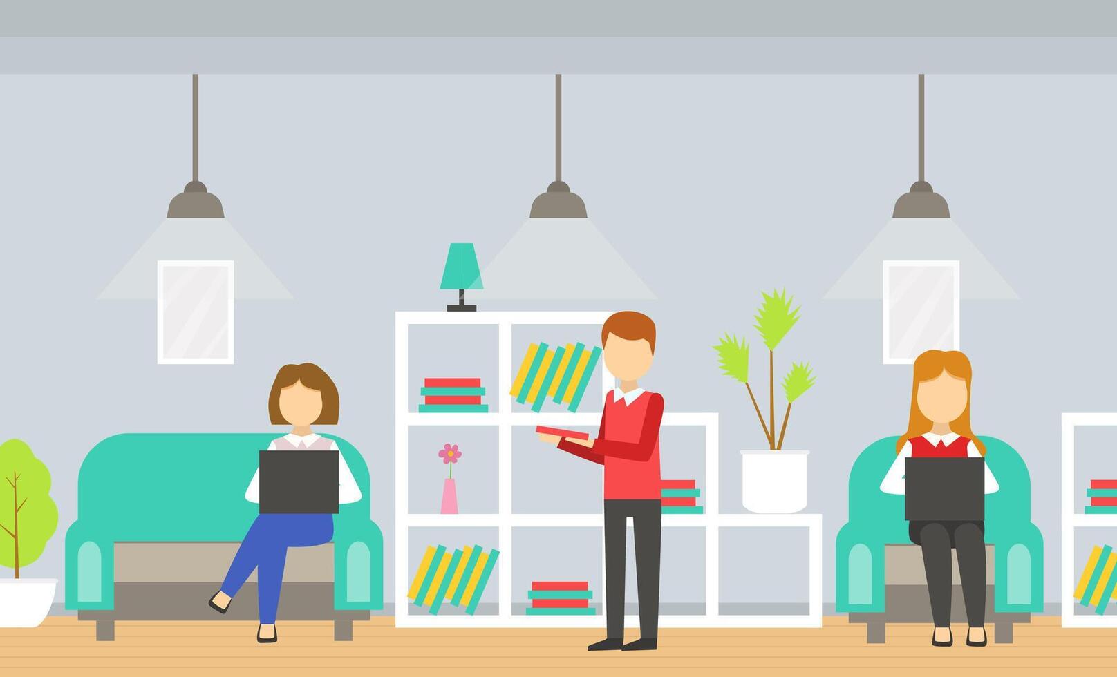 People Communicating and Working Together in Coworking Open Office, Shared Working Environment Illustration vector