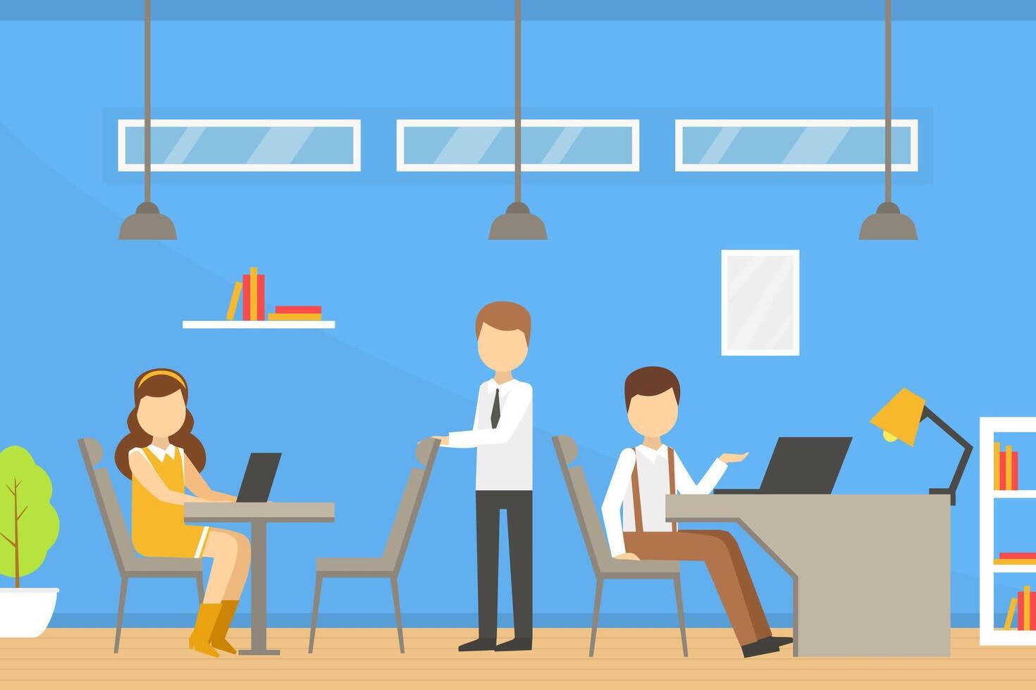 Coworking Space with People Sitting at Desks with Laptop Computers, Team Working Together in Coworking Open Office, Shared Working Environment Illustration vector