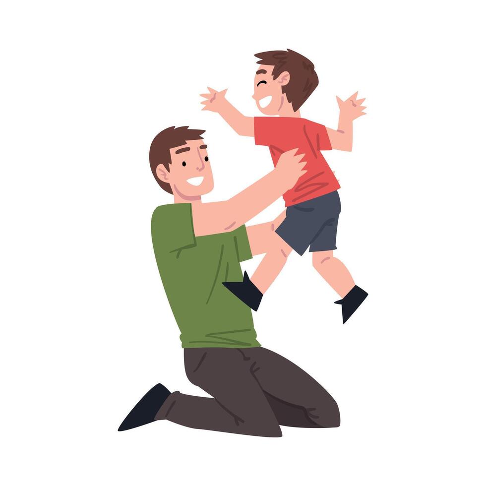 Happy on the Floor and Holding his Little Son on his Hands, Father and his Kid Having Good Time Together Cartoon Style Illustration vector