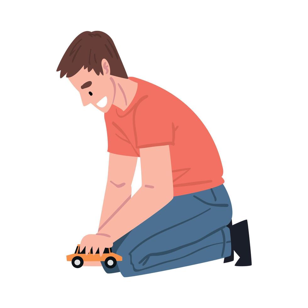 Smiling Young Man Sitting on Floor Running with Toy Car, Happy Father Character Cartoon Style Illustration vector