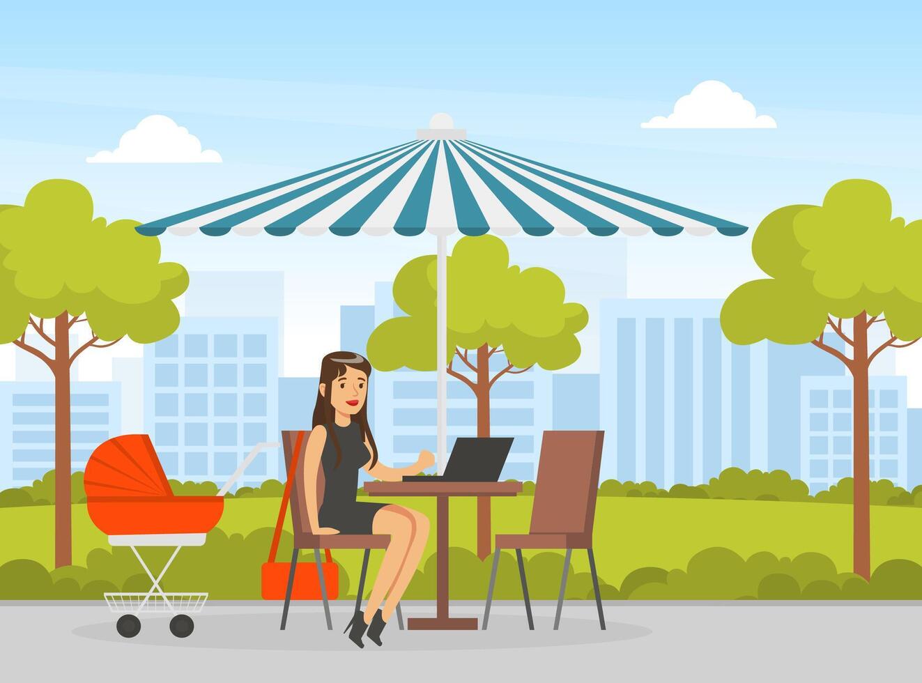 Young Mother Using Laptop Computer in Cafe Outdoor while Baby in Stroller Sleeping Cartoon Illustration vector