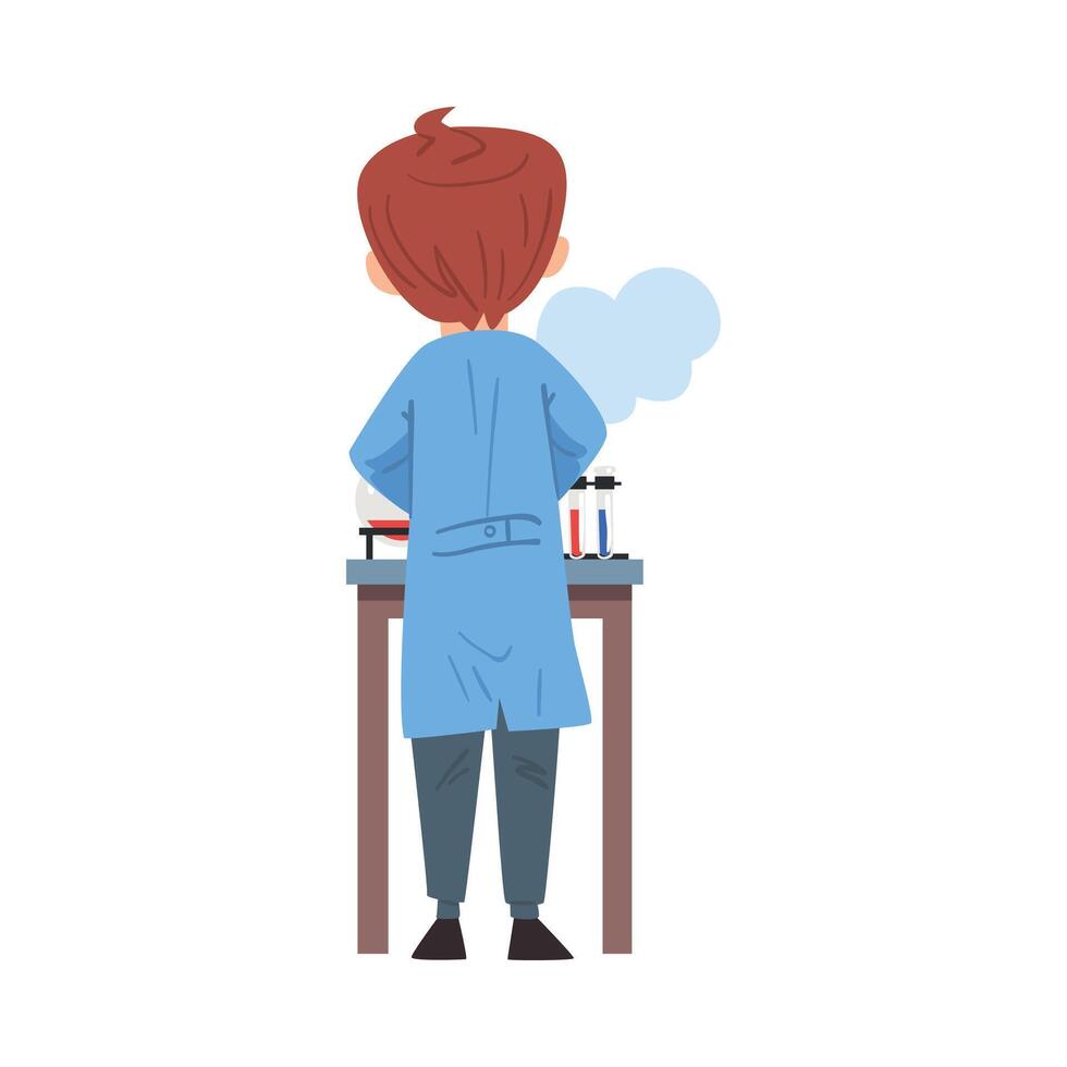 Back View of Chemist Scientist, Doctor or Student Character in Lab Coat Working at Medical or Researching Laboratory Cartoon Style Illustration vector