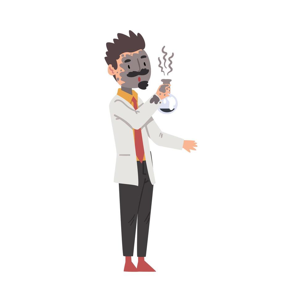 Male Chemist after Failed Chemical Experiment, Man Scientist Character in Lab Coat Doing Researching Experiment in Laboratory Cartoon Style Illustration vector