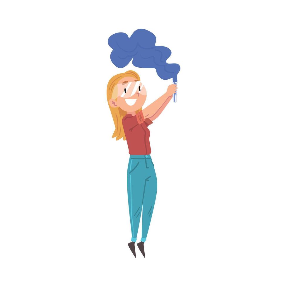 Girl Chemist Doing Chemical Experiment, Scientist or Student Character Working at Medical or Researching Laboratory Cartoon Style Illustration vector