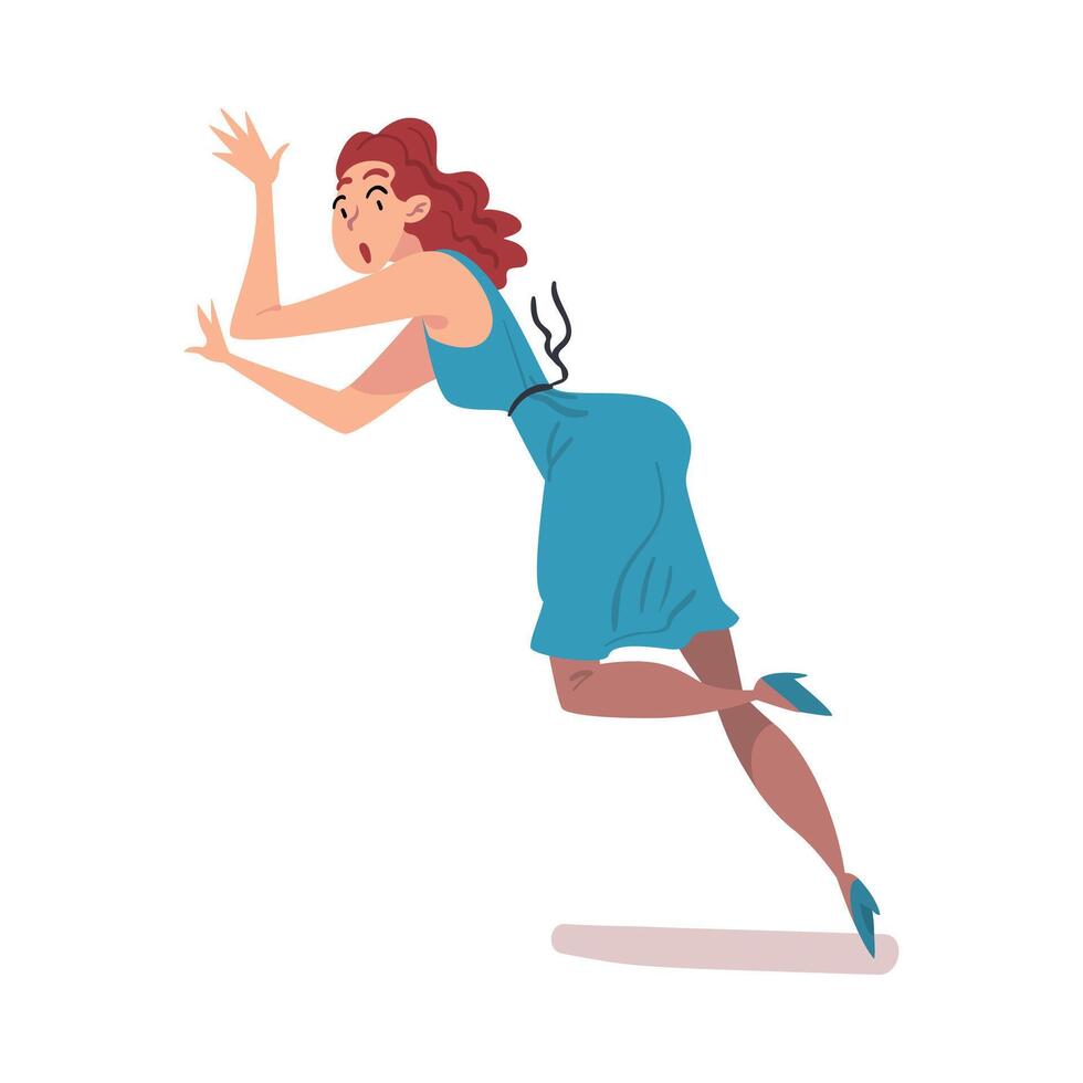 Beautiful Young Woman in Blue Dress Falling Down on Floor, Female Person with Frightened Expression on her Face Cartoon Style Illustration vector