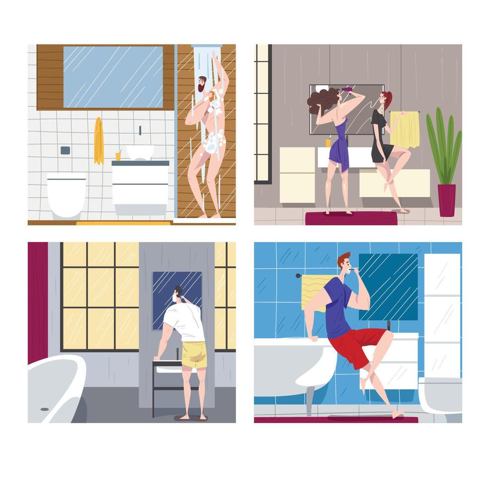 Hygiene Procedures in Bathroom Set, People Brushing their Teeth, Shaving, Taking Shower, Daily Routine Cartoon Illustration vector