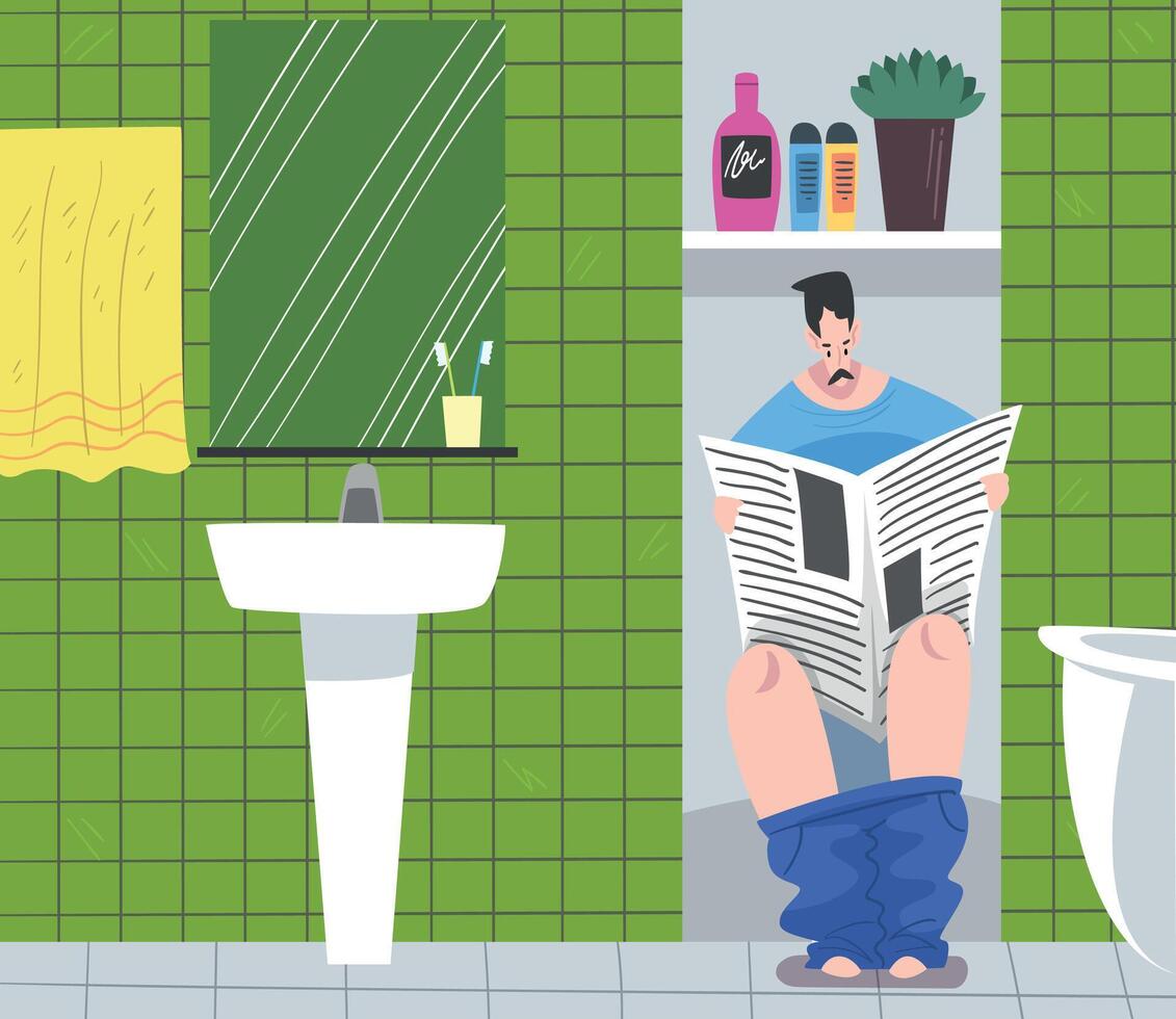 Man Reading Newspaper Sitting on Toilet Bowl, Hygiene Procedure in Bathroom Cartoon Illustration vector