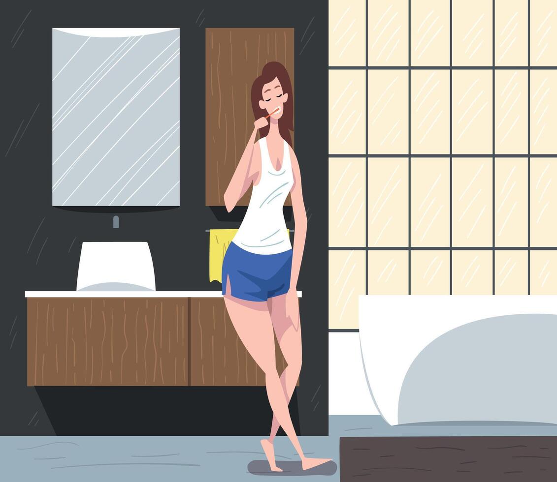 Girl Brushing Her Teeth in Bathroom, Daily Routine, Hygiene Procedures Cartoon Illustration vector